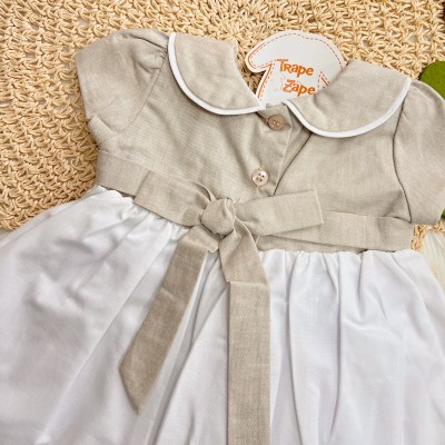 Vestido Manga Curta Bicolor - Areia e Off White